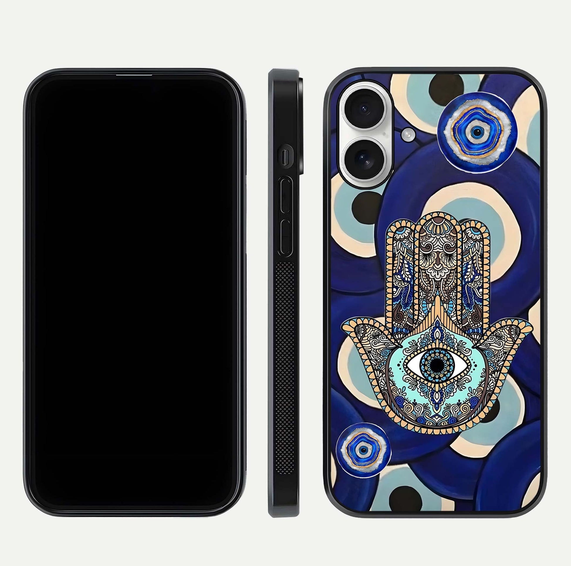 Hamsa Divine Guard Glass Case for iPhone 17 front and back view layout highlighting spiritual artwork and smooth edges