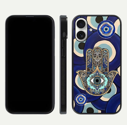 Hamsa Divine Guard Glass Case for iPhone 17 front and back view layout highlighting spiritual artwork and smooth edges