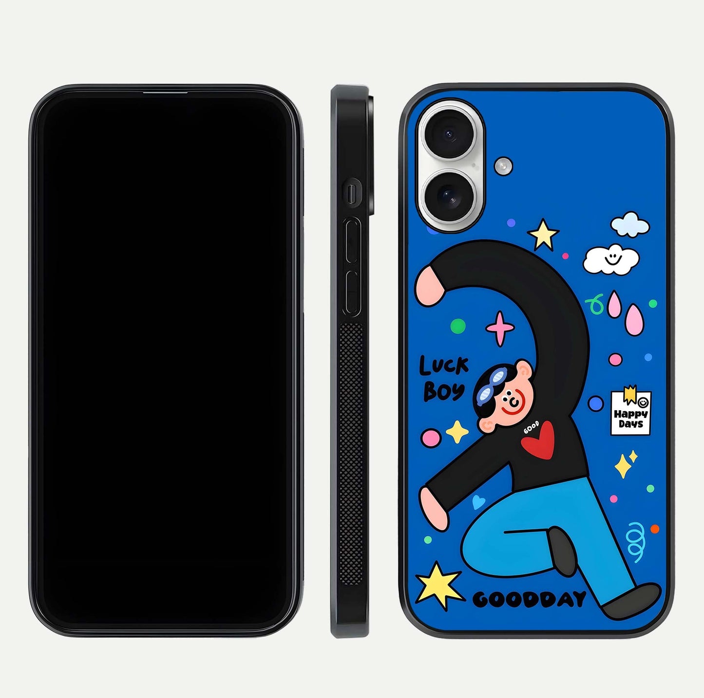 Happy Luck Vibe Glass Case for iPhone 17 front and back view layout highlighting positive motif and curved edges