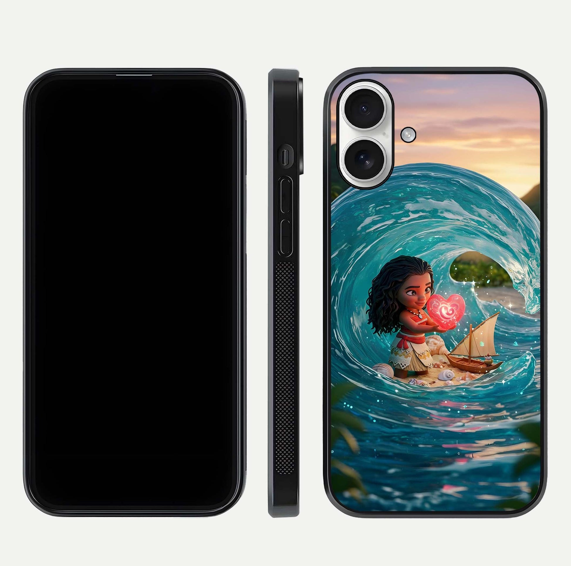 Heart of Ocean Glass Case for iPhone 17 front and back view layout highlighting sea-themed art and curved glass edges