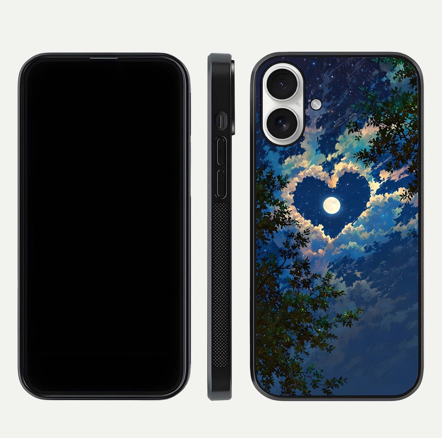 Heart with Moon Sky Glass Case for iPhone 17 front and back view layout displaying celestial tones and curved glass