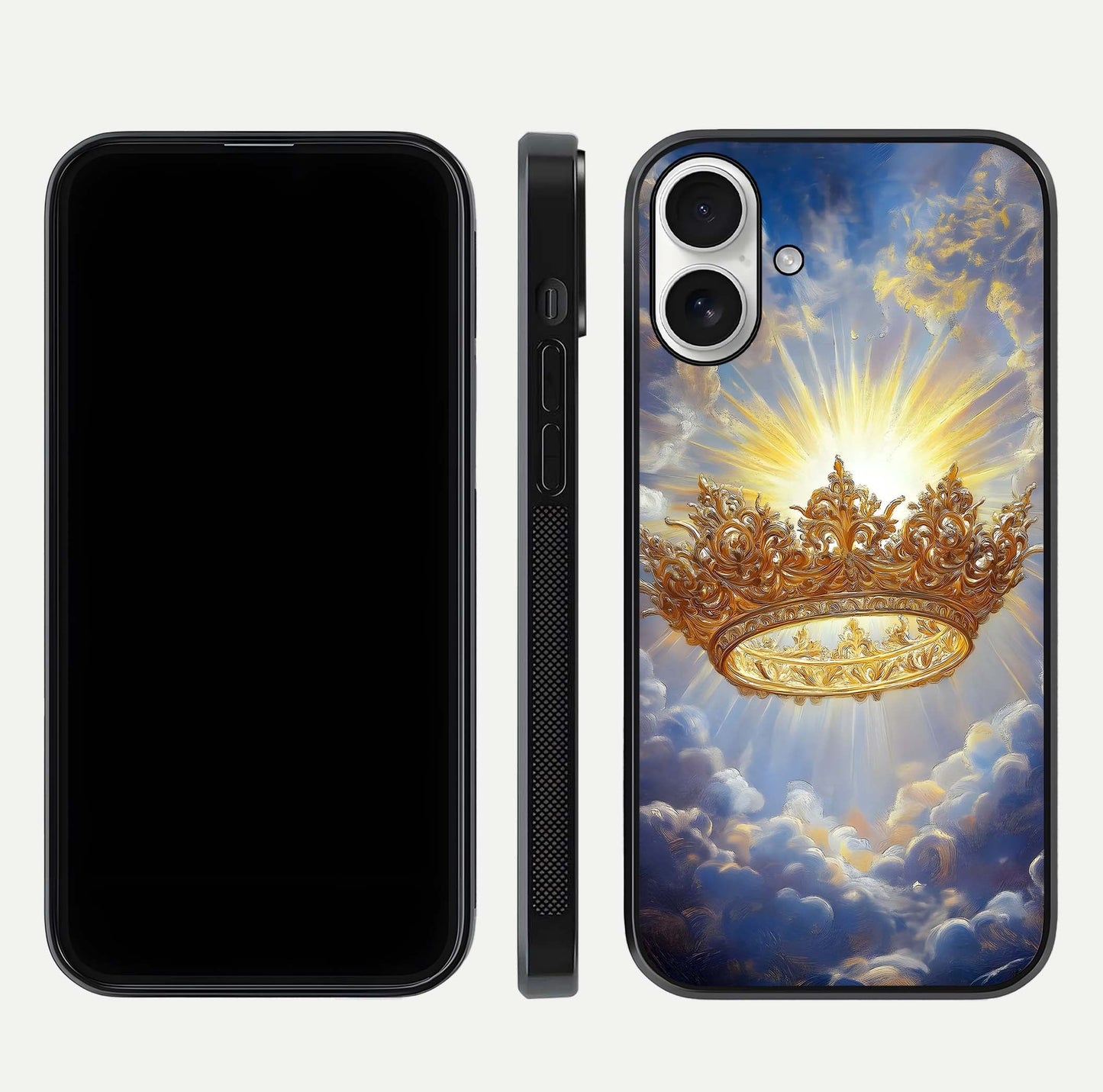 Heavenly Crown Light Glass Case for iPhone 17 front and back view layout highlighting golden aura tones and curved glass edges