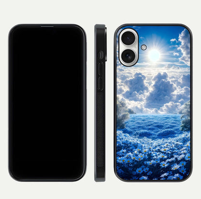 Heavenly Daisy Horizon Glass Case for iPhone 17 front and back view layout highlighting floral field tones and curved edges