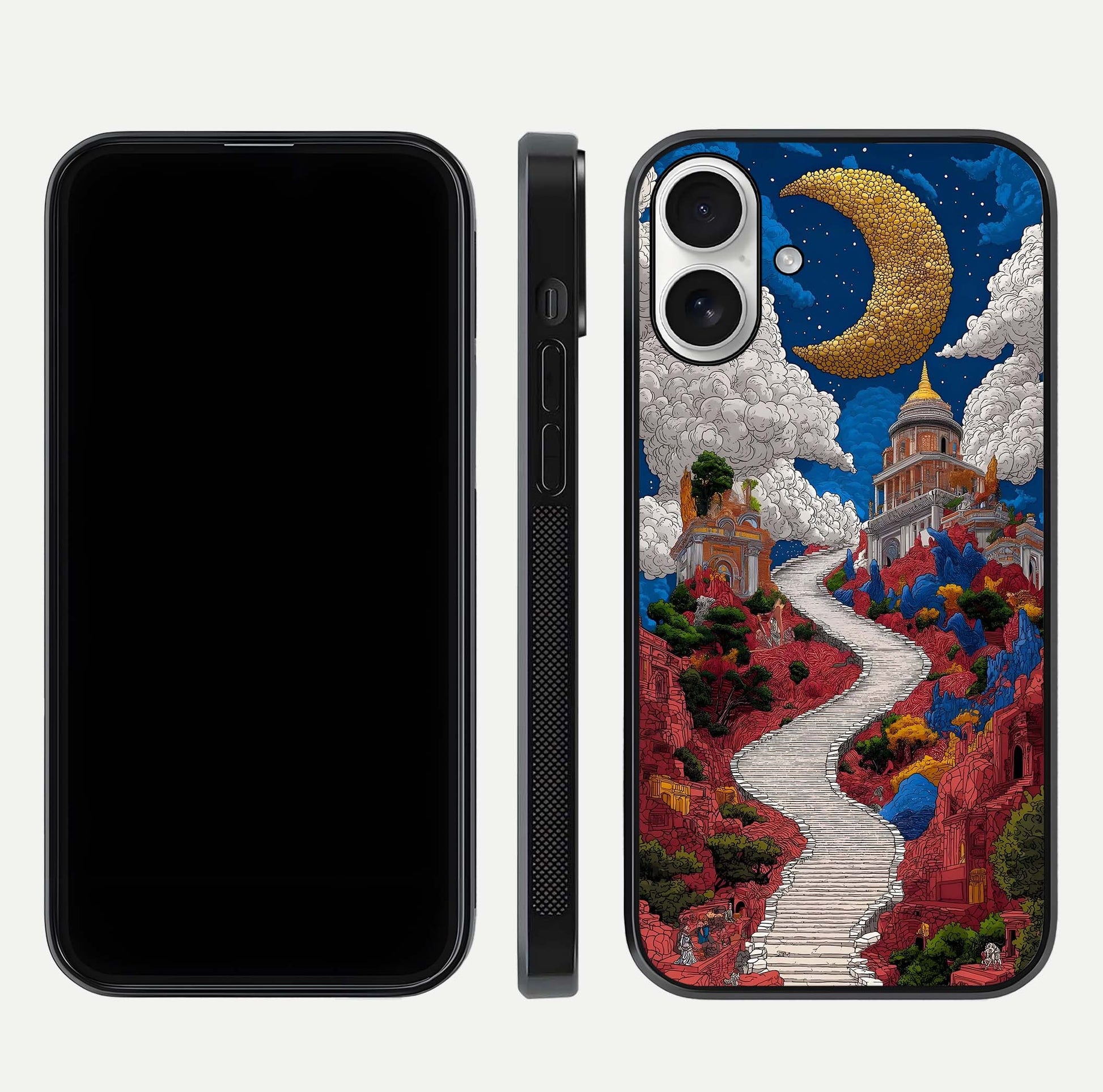Heavenly Moon Path Glass Case for iPhone 17 front and back view layout displaying night sky tones and curved glass edges