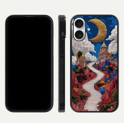 Heavenly Moon Path Glass Case for iPhone 17 front and back view layout displaying night sky tones and curved glass edges