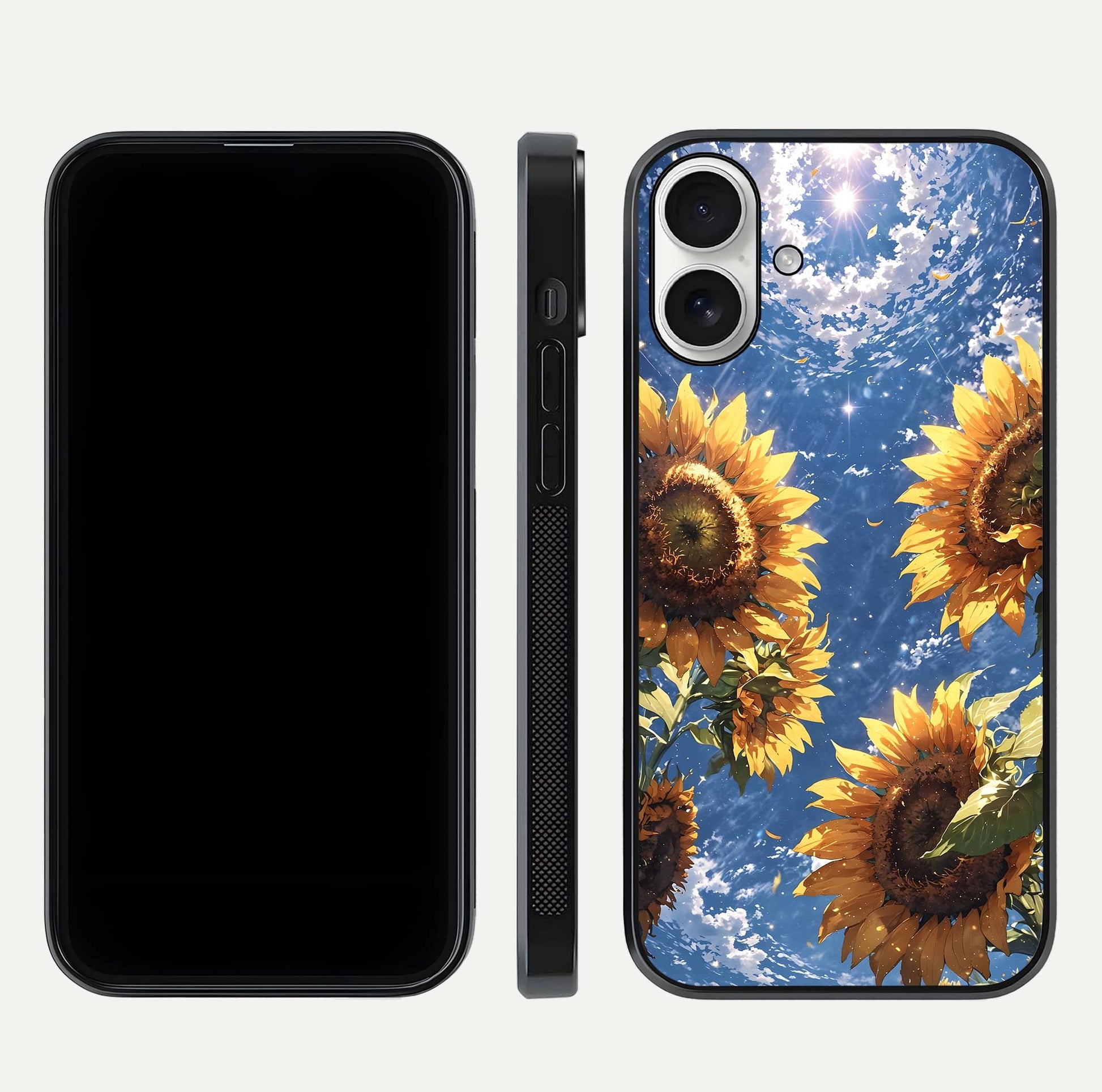 Heavenly Sunflower Rise Glass Case for iPhone 17 front and back view layout highlighting golden floral tones and curved edges