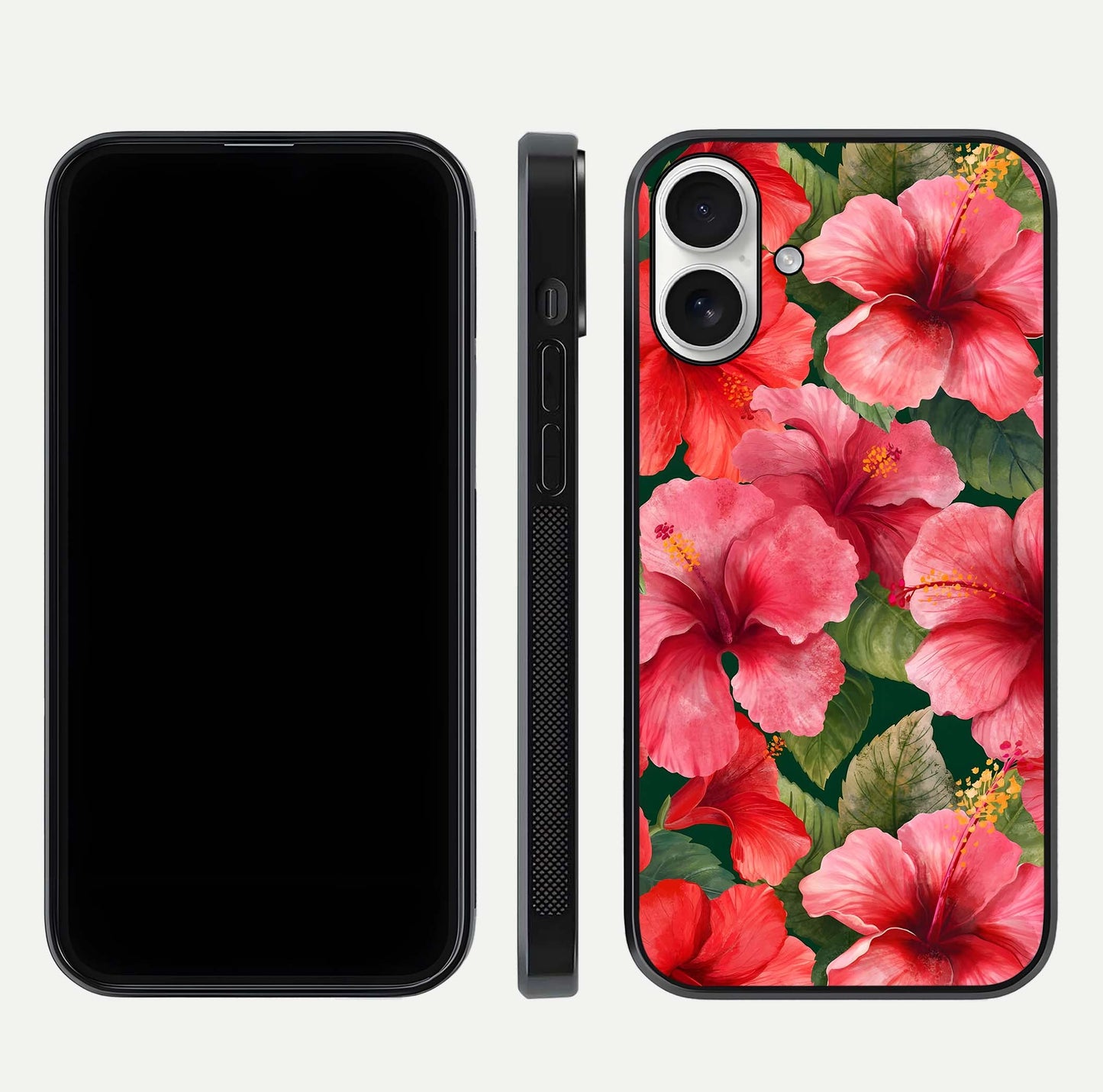 Hibiscus Pattern Glass Case for iPhone 17 front and back view layout highlighting tropical design and curved glass edges
