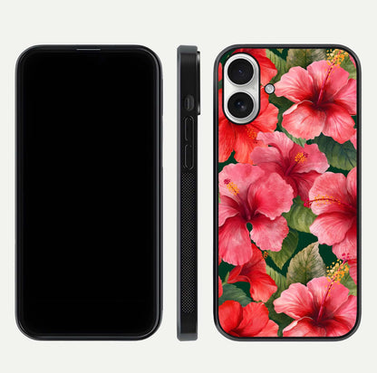 Hibiscus Pattern Glass Case for iPhone 17 front and back view layout highlighting tropical design and curved glass edges