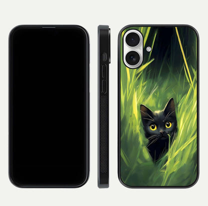 Hidden Cat Whisper Glass Case for iPhone 17 front and back view layout highlighting minimalist art and curved edges