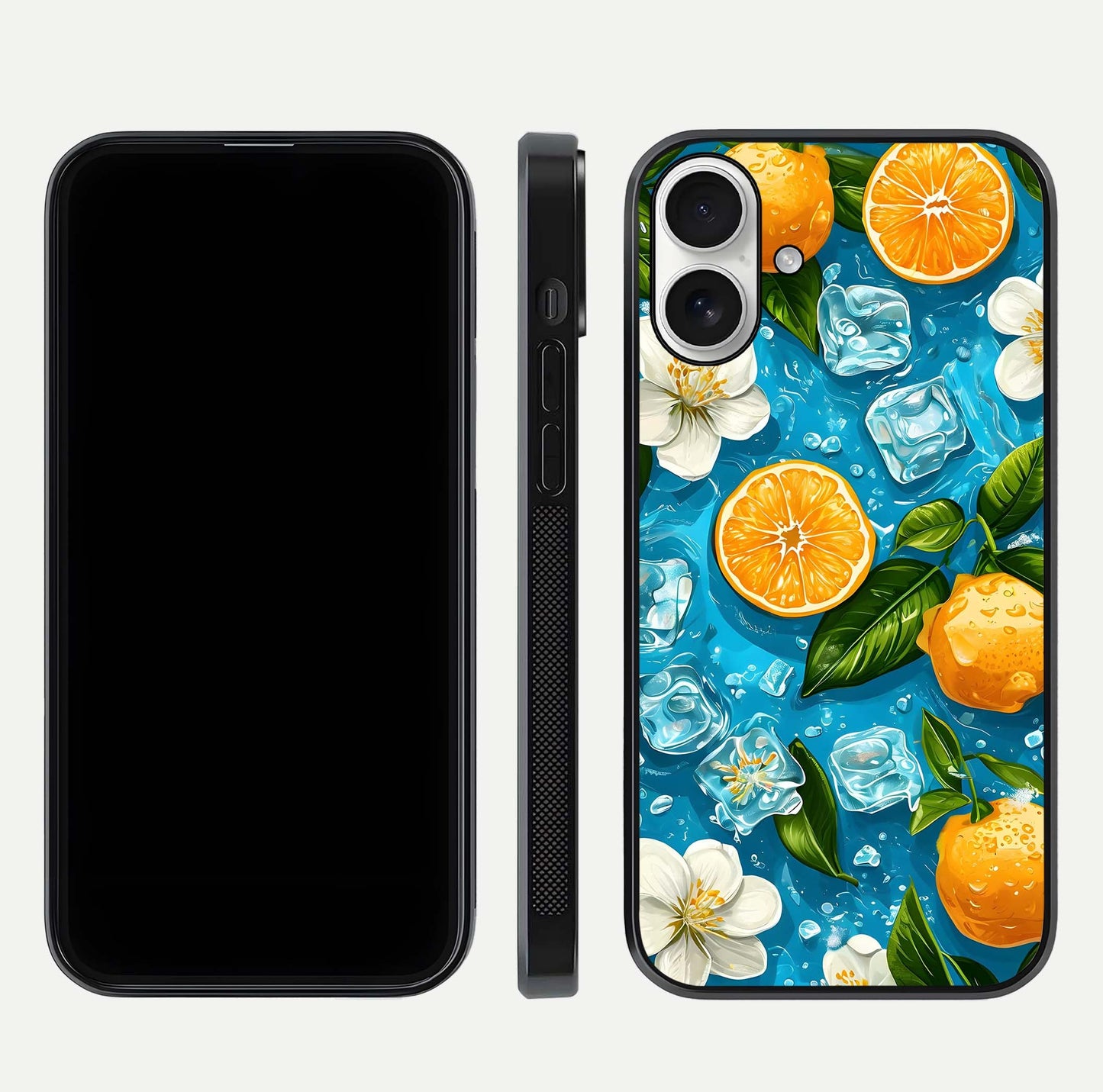 Ice Cube With Orange Glass Case for iPhone 17 front and back view layout highlighting fresh orange tones and curved edges