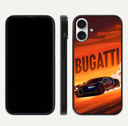 Inferno Bugatti Storm Glass Case for iPhone 17 front and back view layout highlighting car silhouette and curved glass edge