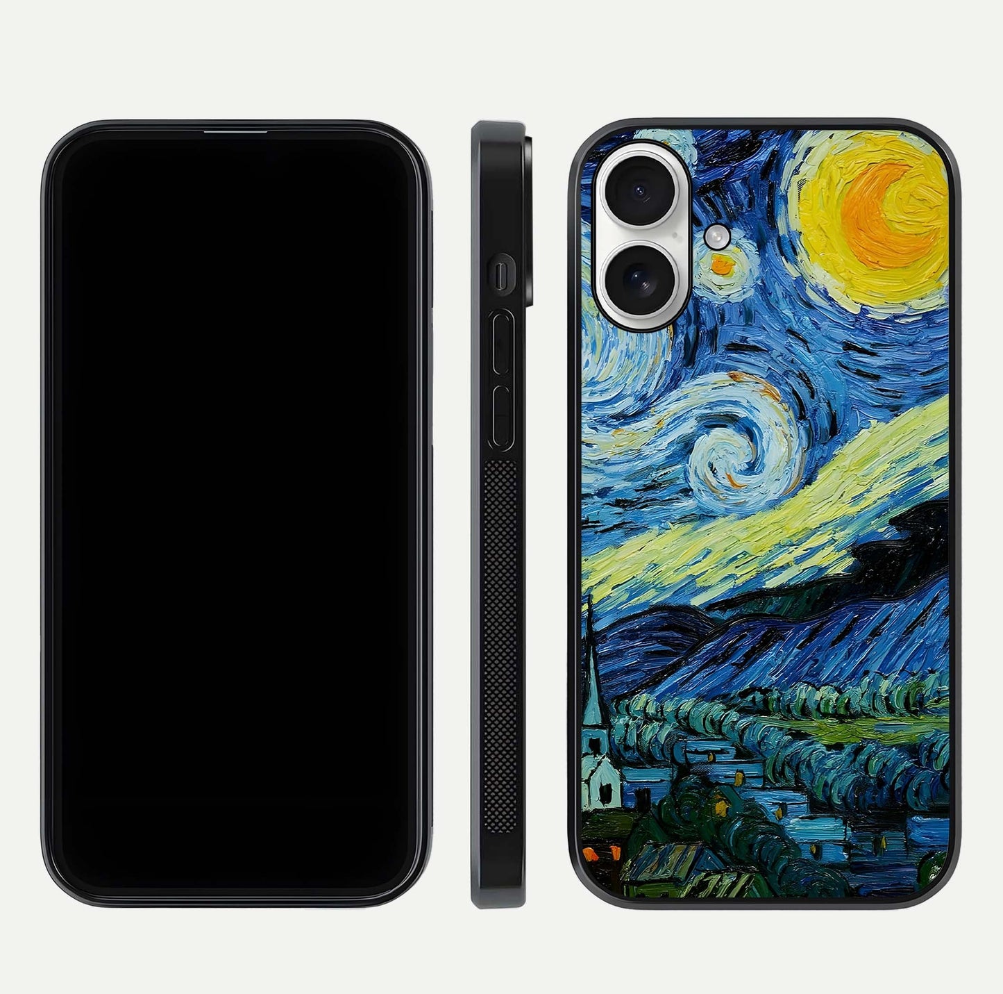Inspired Van Gogh Art Glass Case for iPhone 17 front and back view layout displaying vivid color tones and curved glass edges