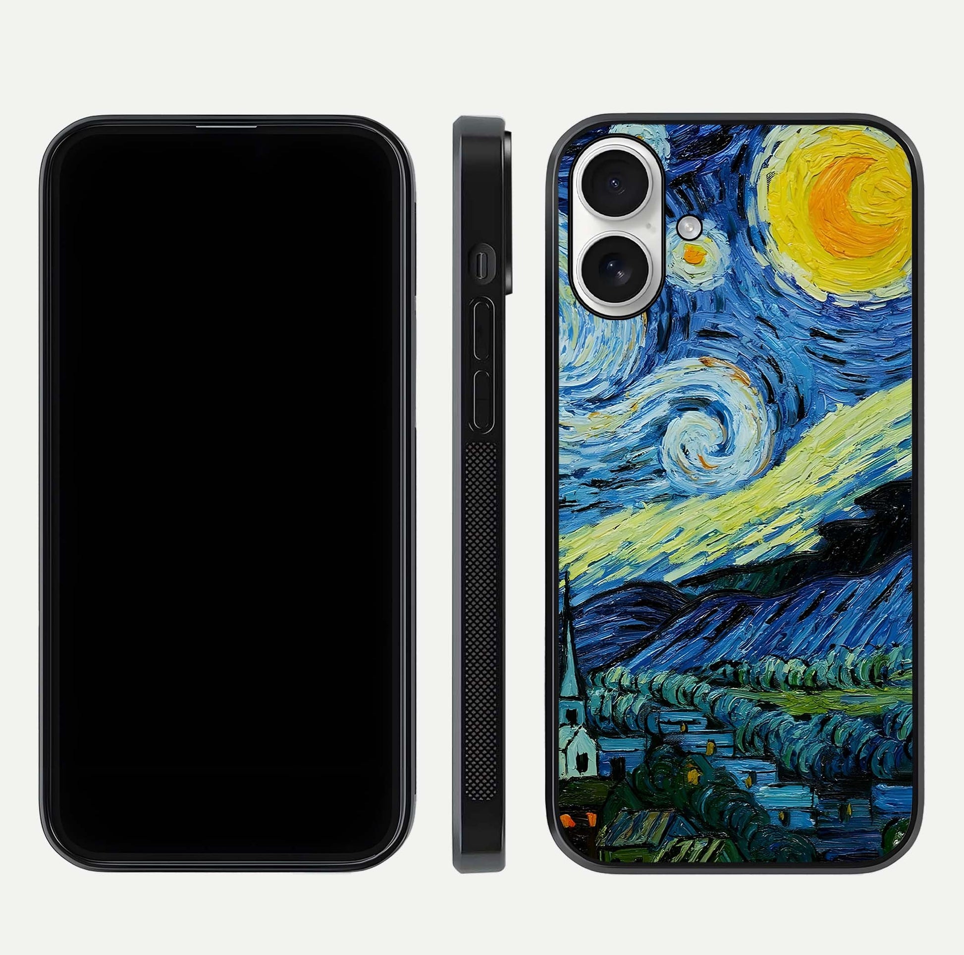 Inspired Van Gogh Art Glass Case for iPhone 17 front and back view layout displaying vivid color tones and curved glass edges