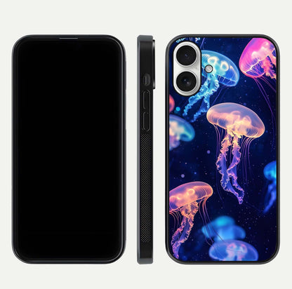 Jellyfish Pattern Glass Case for iPhone 17 front and back view layout highlighting aquatic tones and curved edges