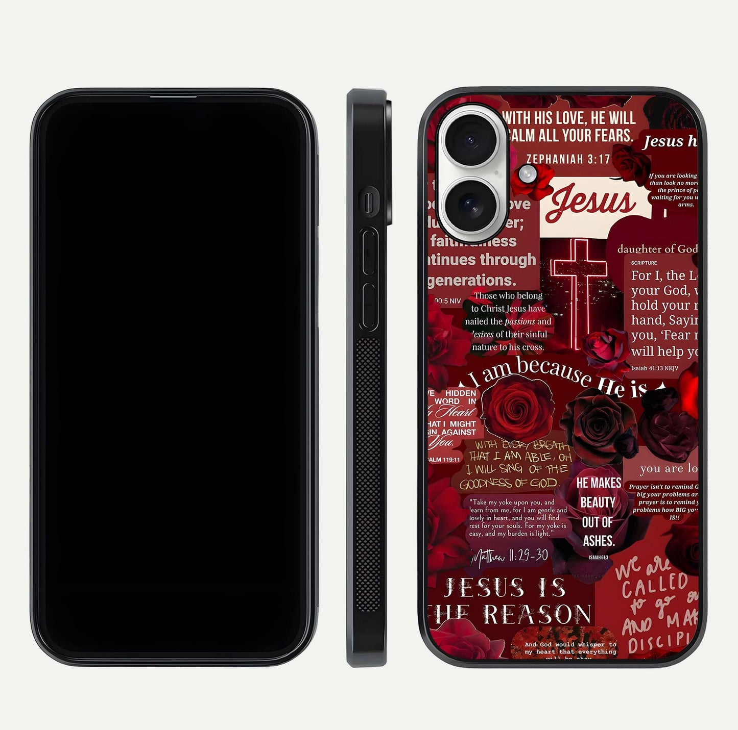Jesus Love Heals Glass Case for iPhone 17 front and back view layout with elegant typography and smooth edges
