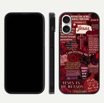 Jesus Love Heals Glass Case for iPhone 17 front and back view layout with elegant typography and smooth edges
