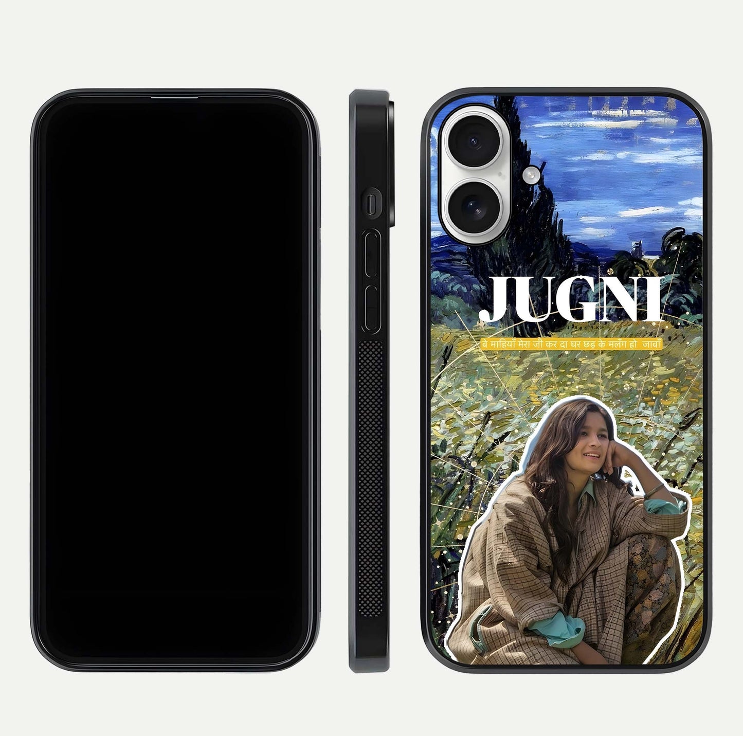 Jugni Soul Vibes Glass Case for iPhone 17 front and back view layout highlighting desi art and curved glass edges