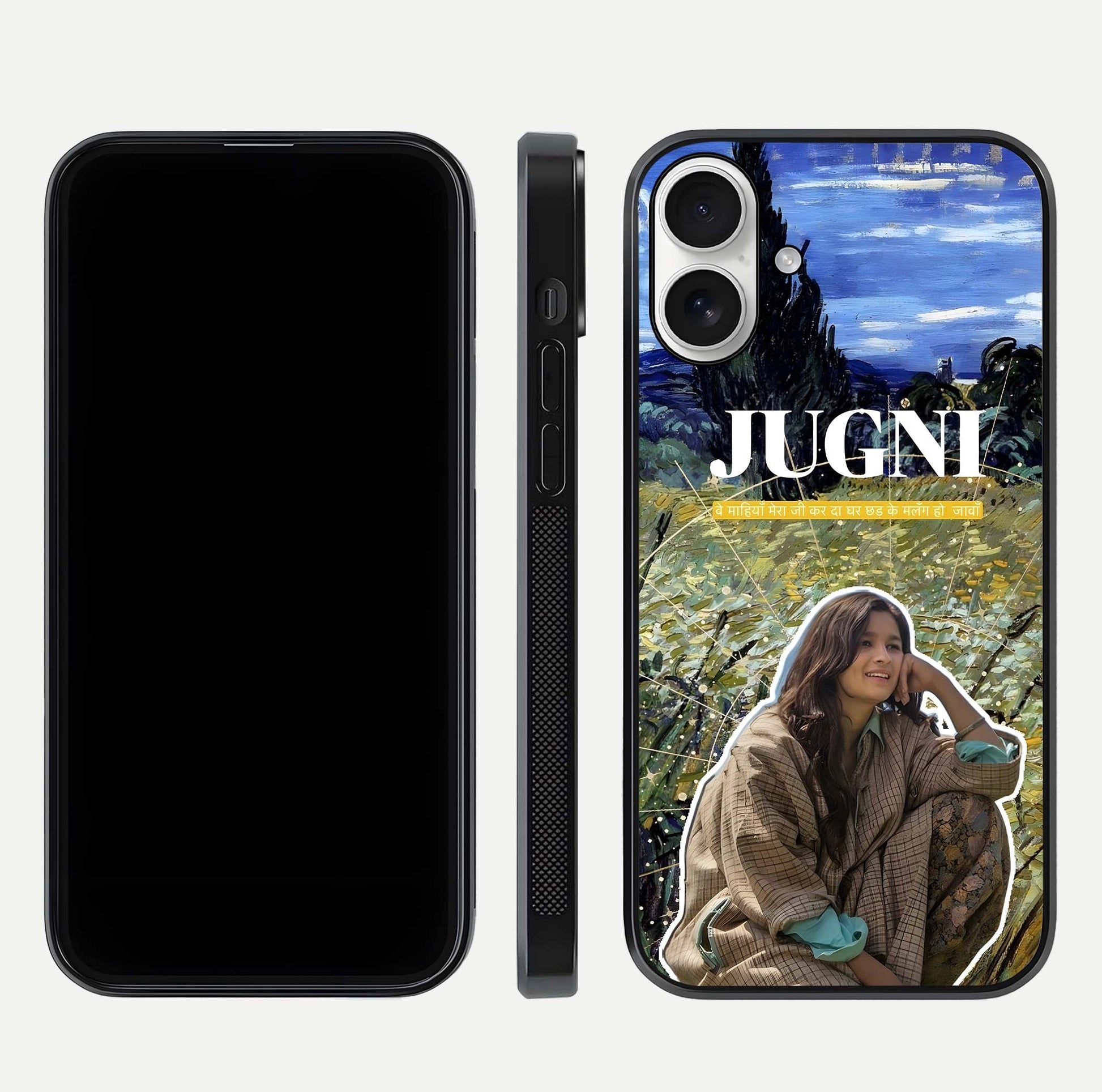 Jugni Soul Vibes Glass Case for iPhone 17 front and back view layout highlighting desi art and curved glass edges