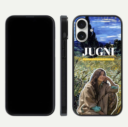 Jugni Soul Vibes Glass Case for iPhone 17 front and back view layout highlighting desi art and curved glass edges