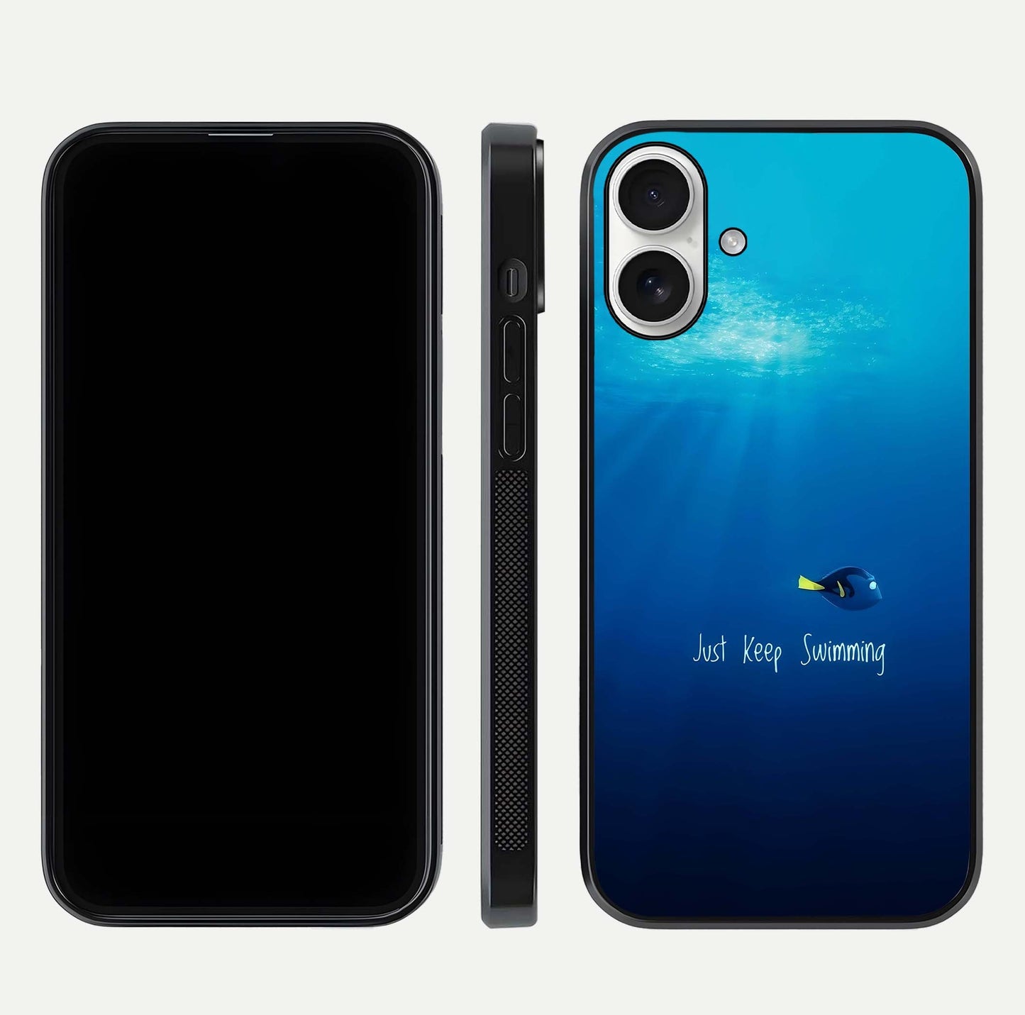 Just Keep Swimming Glass Case for iPhone 17 front and back view layout with smooth glass edges and HD text clarity