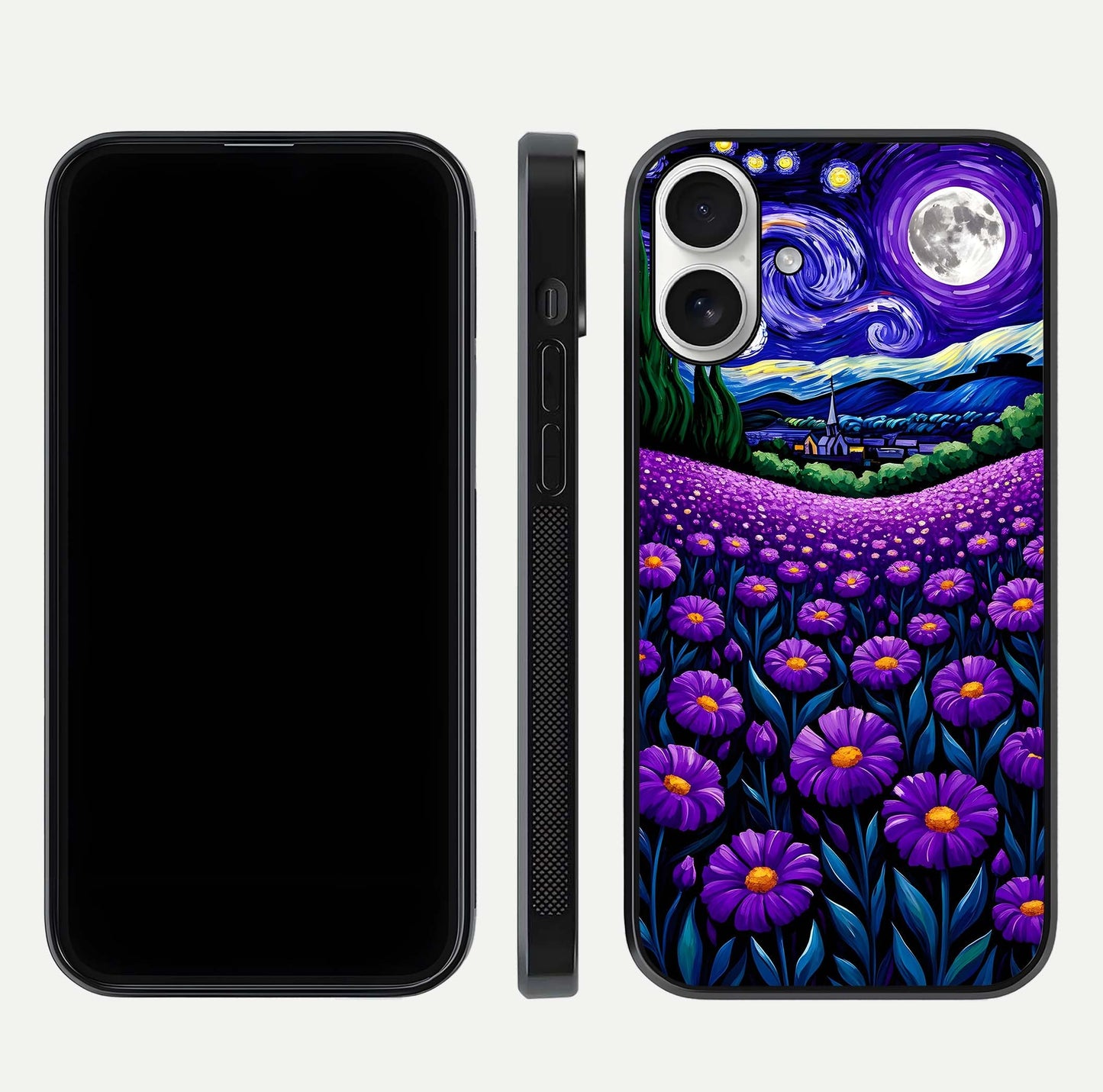 Lavender Moon Field Glass Case for iPhone 17 front and back view layout with soft gradient and curved edges
