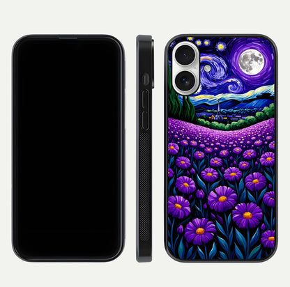 Lavender Moon Field Glass Case for iPhone 17 front and back view layout with soft gradient and curved edges