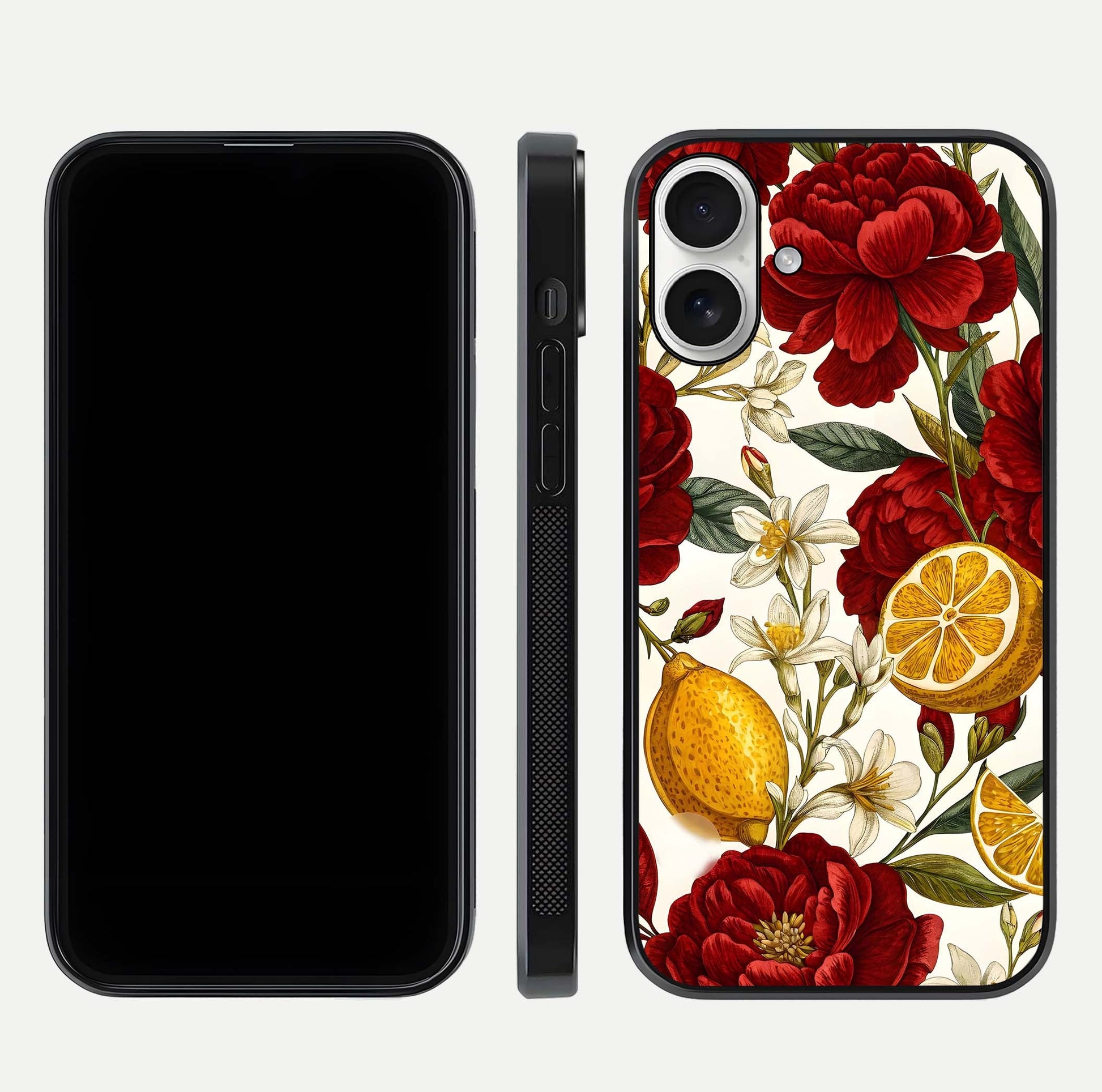 Lemon Rose Charm Glass Case for iPhone 17 front & back layout highlighting soft yellow tones and curved edges
