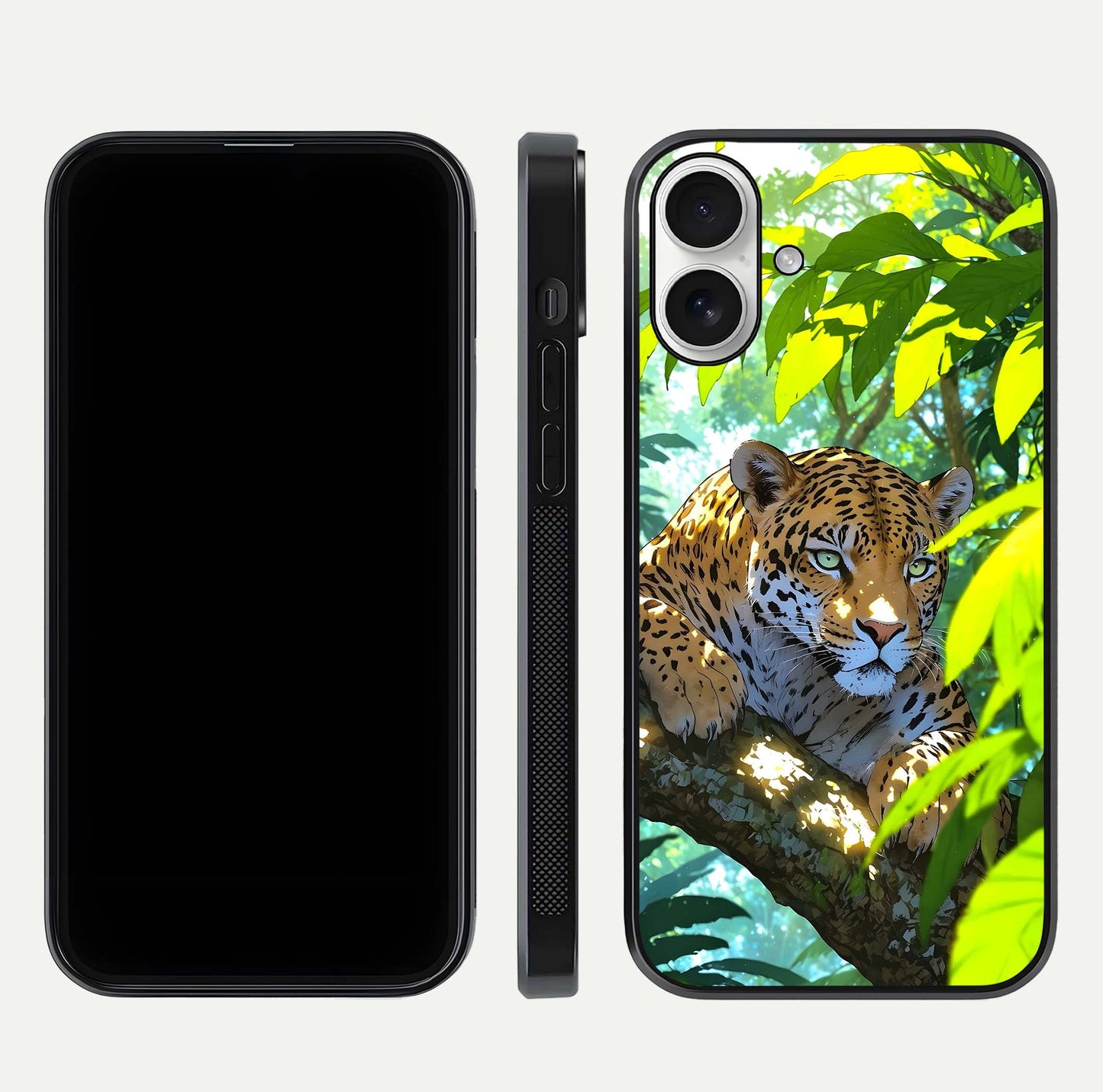 Leopard in Jungle Glass Case for iPhone 17 front & back layout with premium edge detailing and vivid jungle art