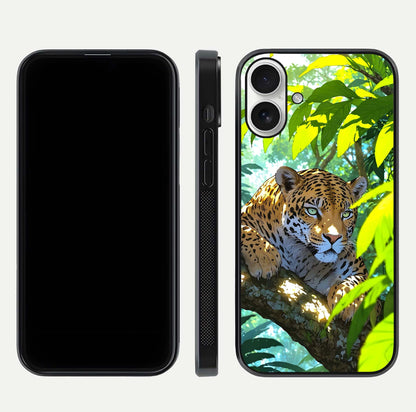 Leopard in Jungle Glass Case for iPhone 17 front & back layout with premium edge detailing and vivid jungle art