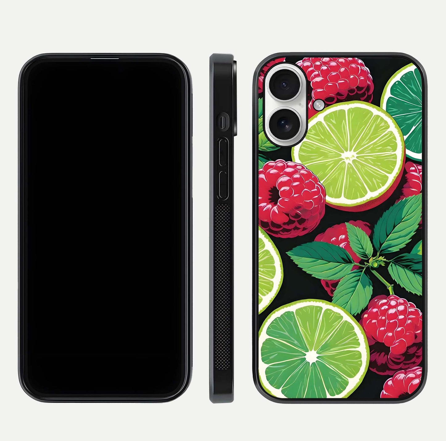 Lime and Raspberry Pattern Glass Case for iPhone 17 front & back layout highlighting fresh summer tones