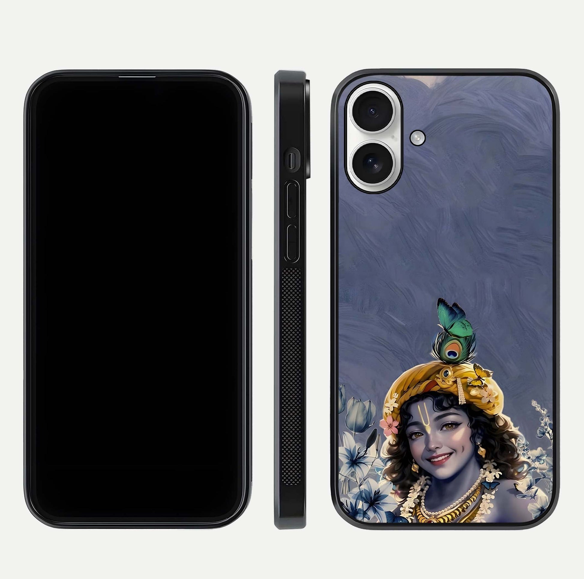 Lord Krishna Glass Case for iPhone 17 front & back layout displaying soft tones and elegant edges