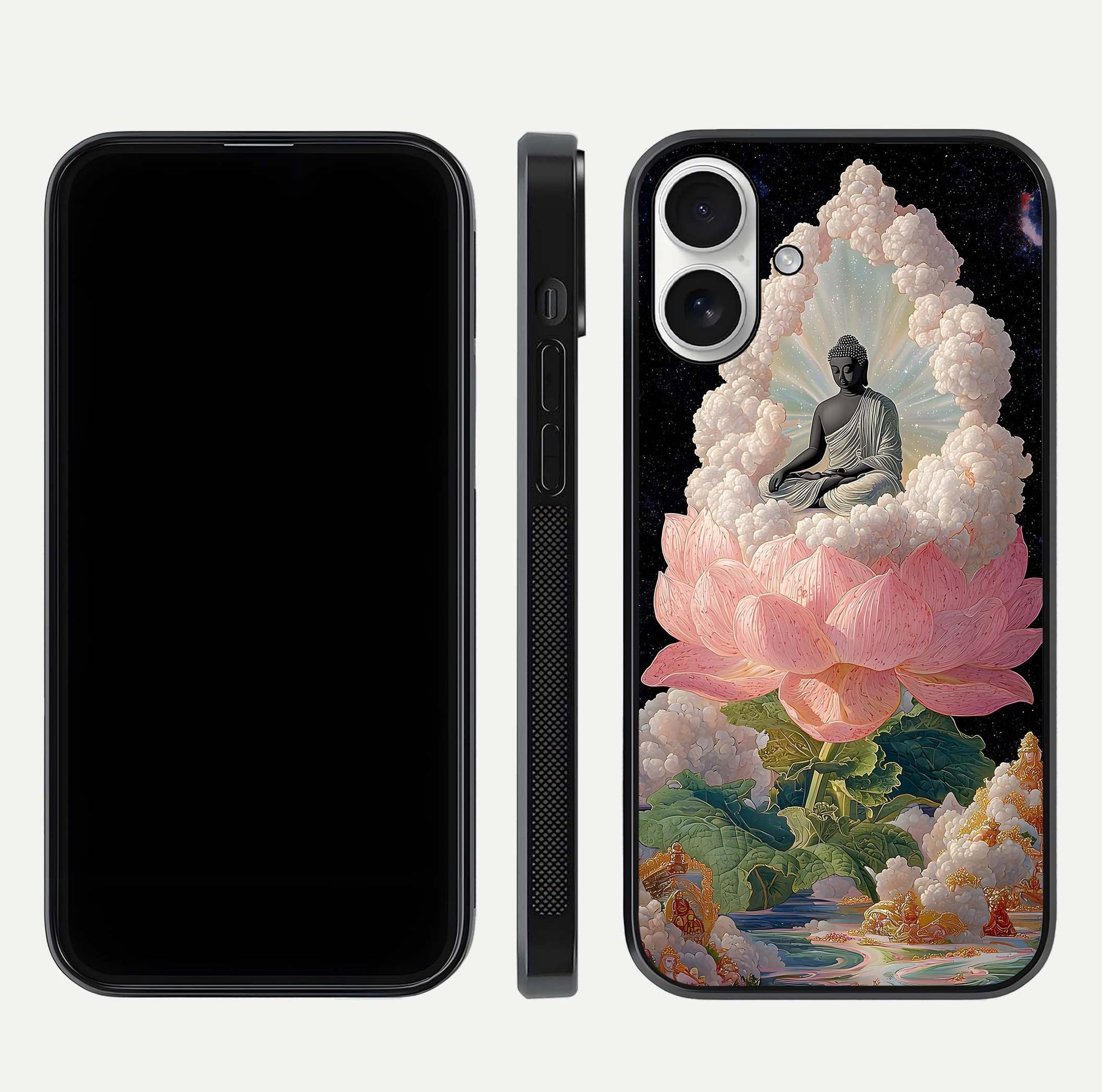 Lotus Divine Peace Glass Case for iPhone 17 front & back layout highlighting soft pink hues and curved edges