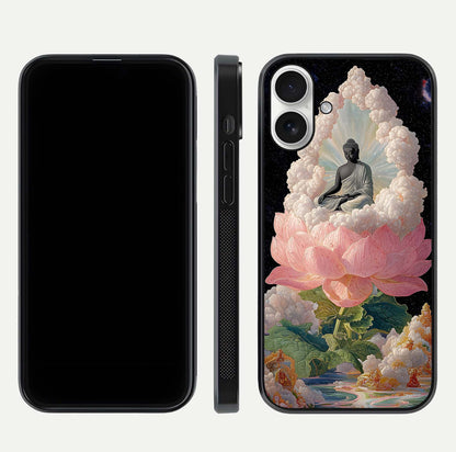 Lotus Divine Peace Glass Case for iPhone 17 front & back layout highlighting soft pink hues and curved edges