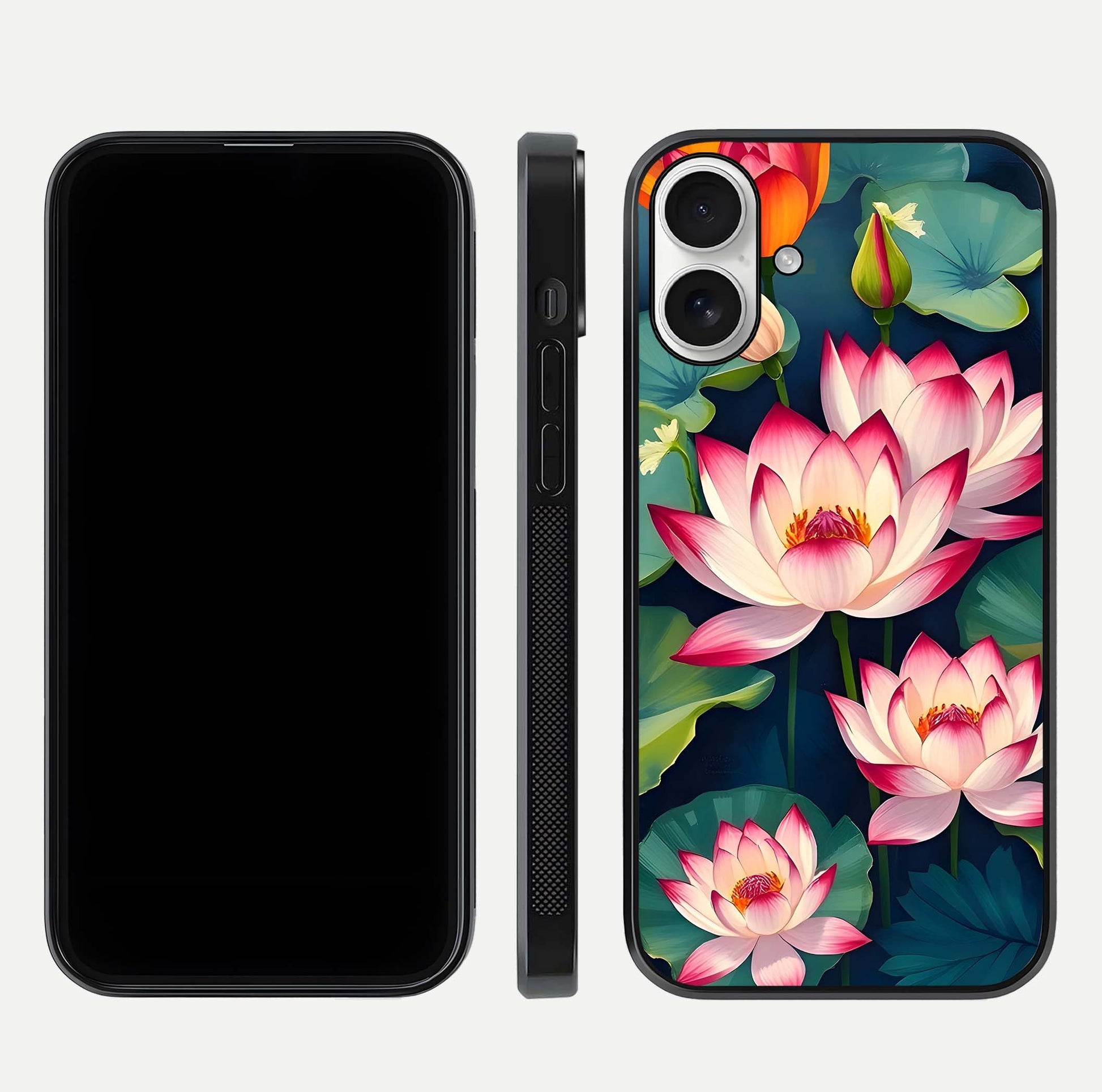 Lotus Dream Serenity Glass Case for iPhone 17 front & back layout with elegant finish and edge curve