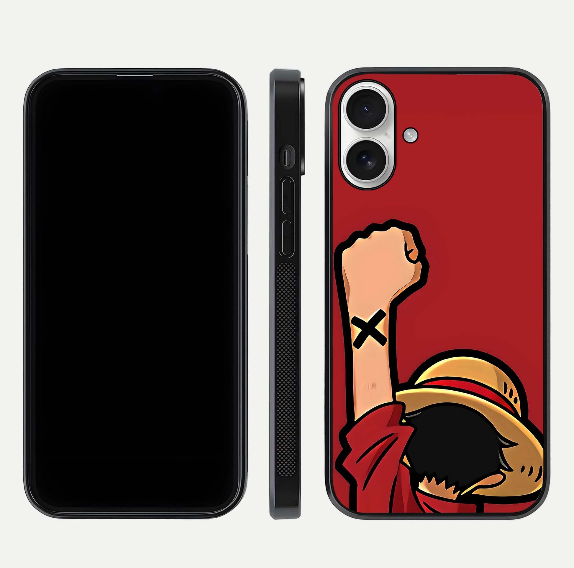 Luffy X Spirit Glass Case for iPhone 17 front & back layout displaying anime theme and curved edges