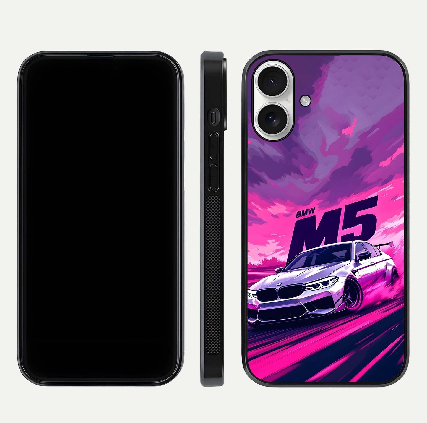 MS Neon Car Glass Case for iPhone 17 front & back layout highlighting automotive art and curved design