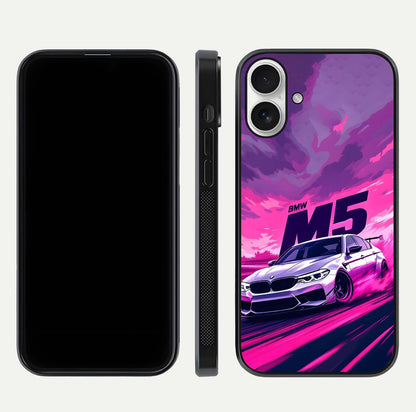 MS Neon Car Glass Case for iPhone 17 front & back layout highlighting automotive art and curved design