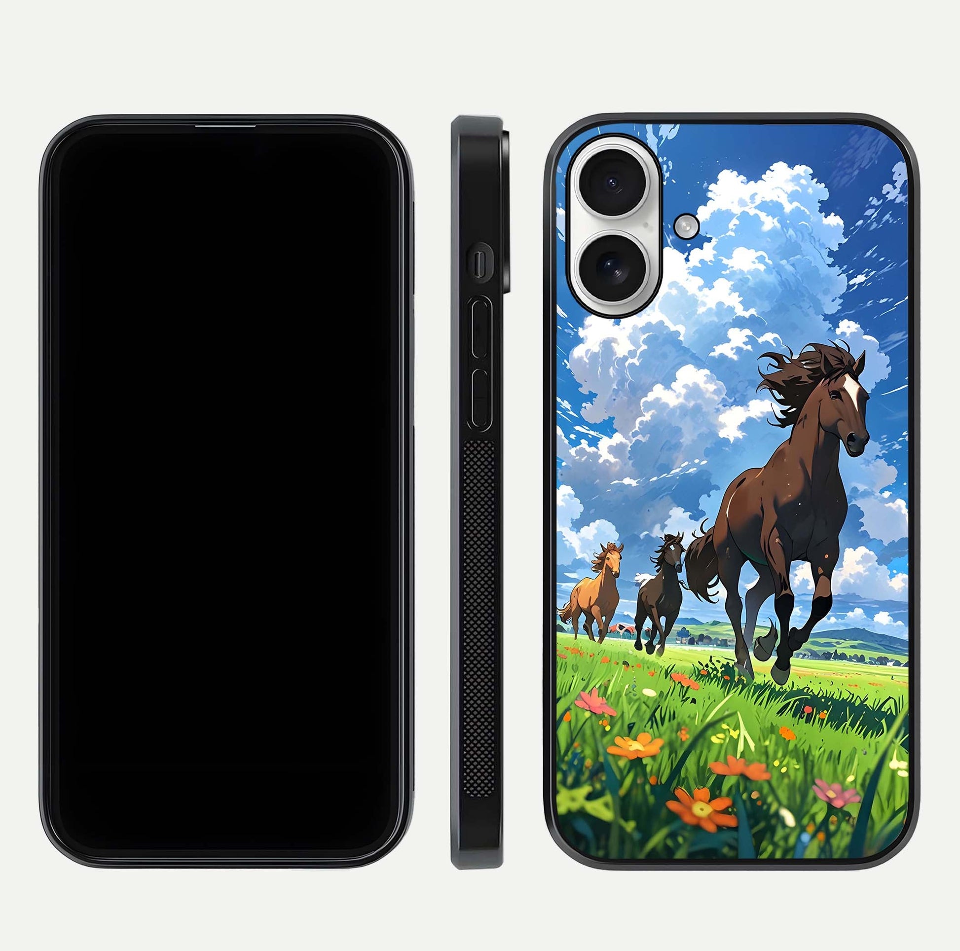 Majestic Horses Galloping Glass Case for iPhone 17 front & back layout highlighting dynamic design and edges