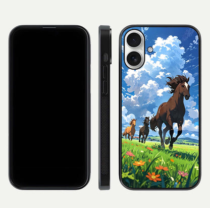 Majestic Horses Galloping Glass Case for iPhone 17 front & back layout highlighting dynamic design and edges