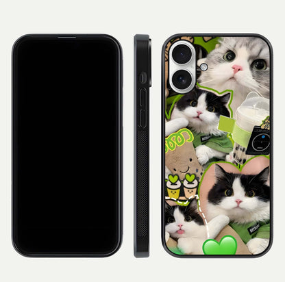 Matcha Cats Mood Glass Case for iPhone 17 front & back layout highlighting cute theme and smooth edges