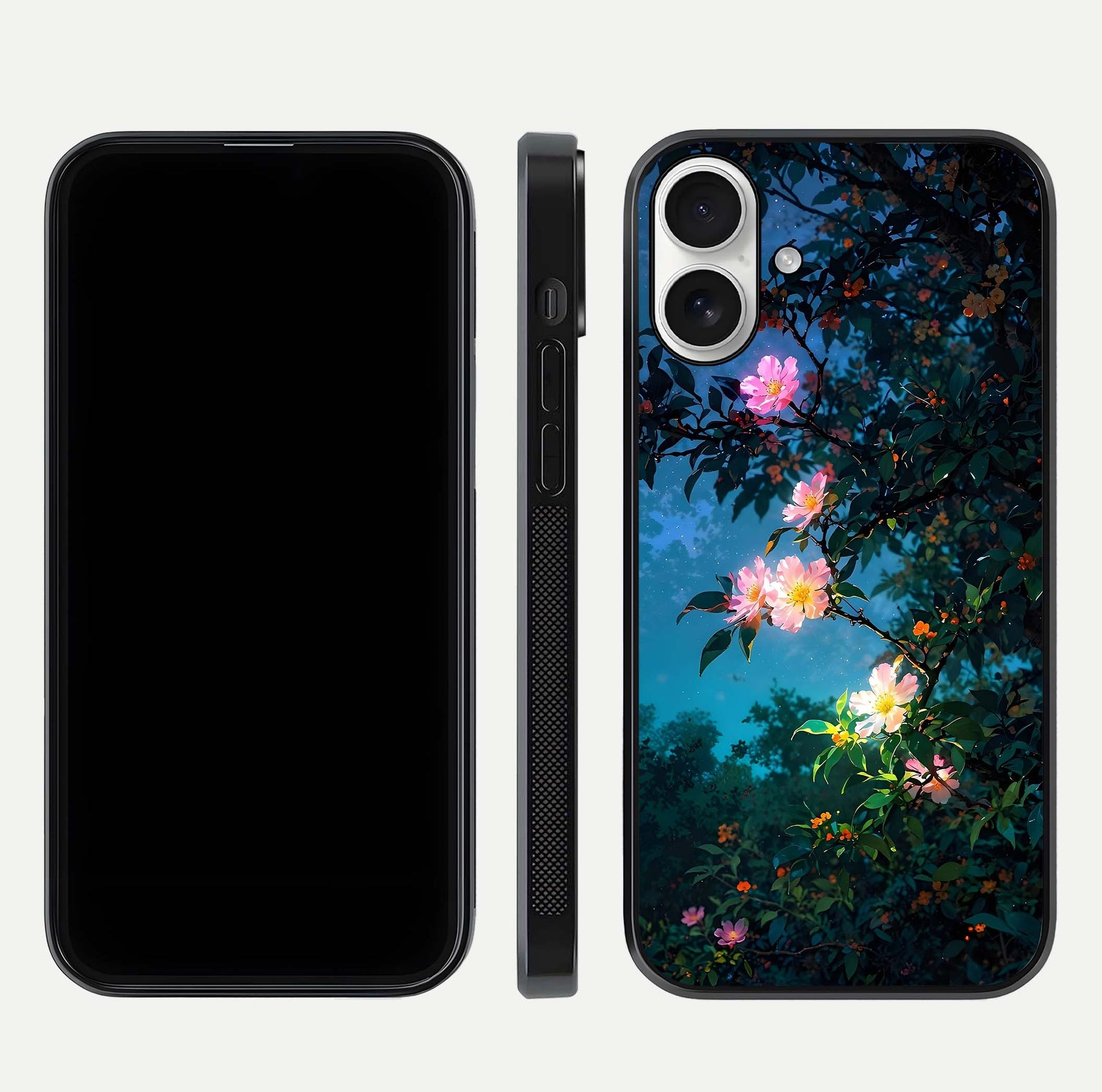 Midnight Bloom Glow Glass Case for iPhone 17 front & back layout highlighting moody tones and smooth finish
