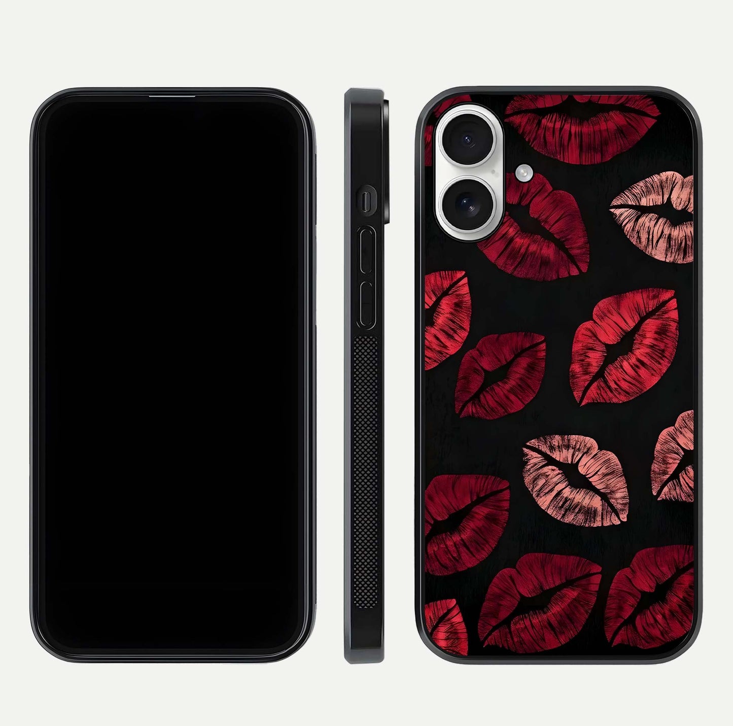Midnight Kiss Love Glass Case for iPhone 17 front & back view layout showing romantic theme and smooth curves
