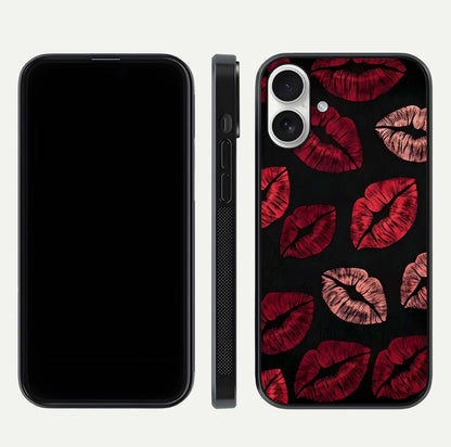 Midnight Kiss Love Glass Case for iPhone 17 front & back view layout showing romantic theme and smooth curves