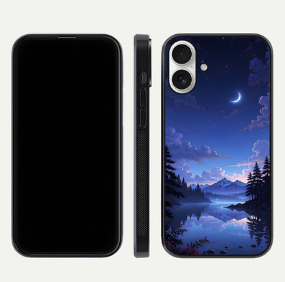 Midnight Lake Peace Glass Case for iPhone 17 front & back layout highlighting calm design and curved edges