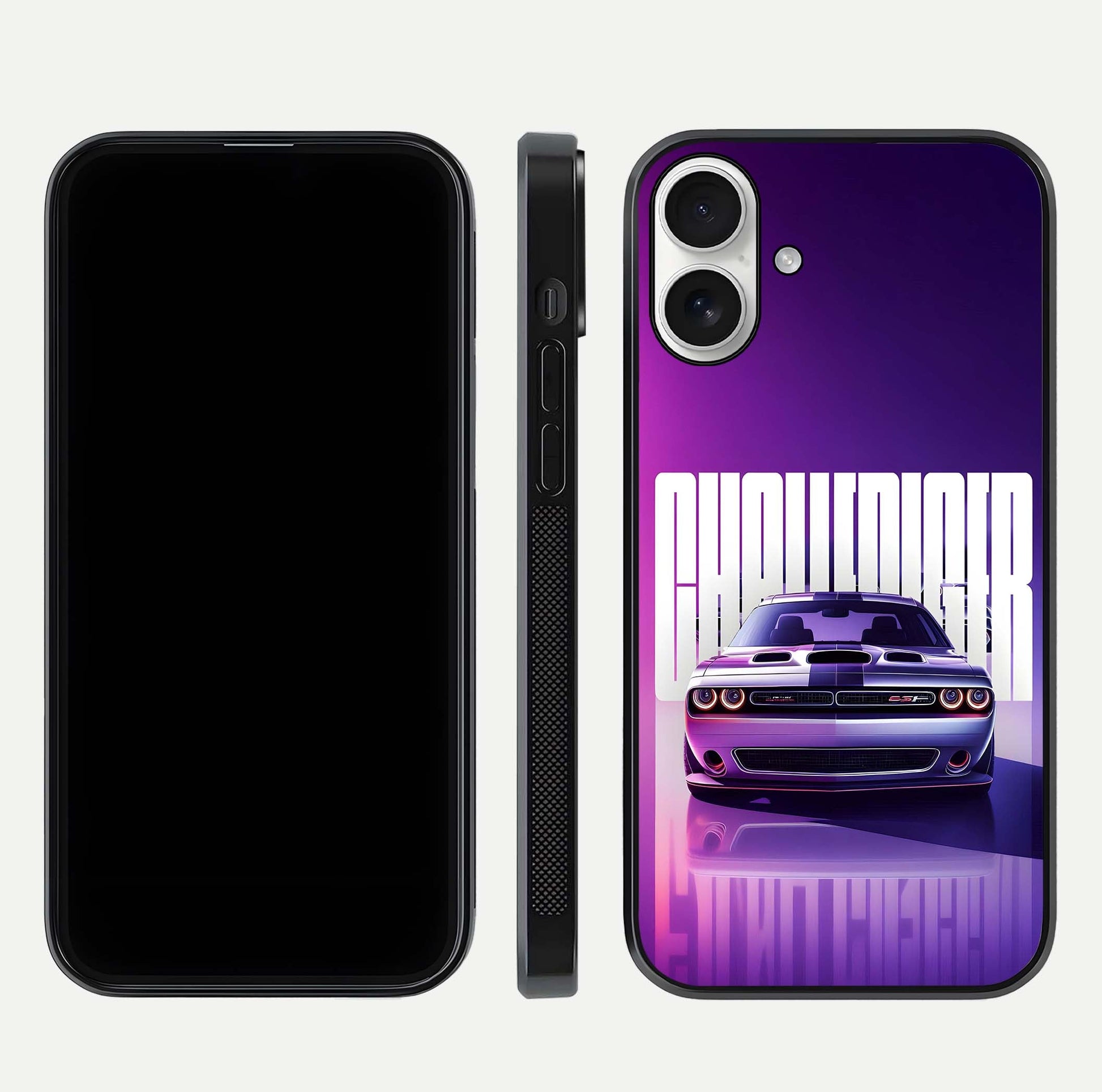 Midnight Muscle Ride Glass Case for iPhone 17 front & back layout with dark automotive tones and edges