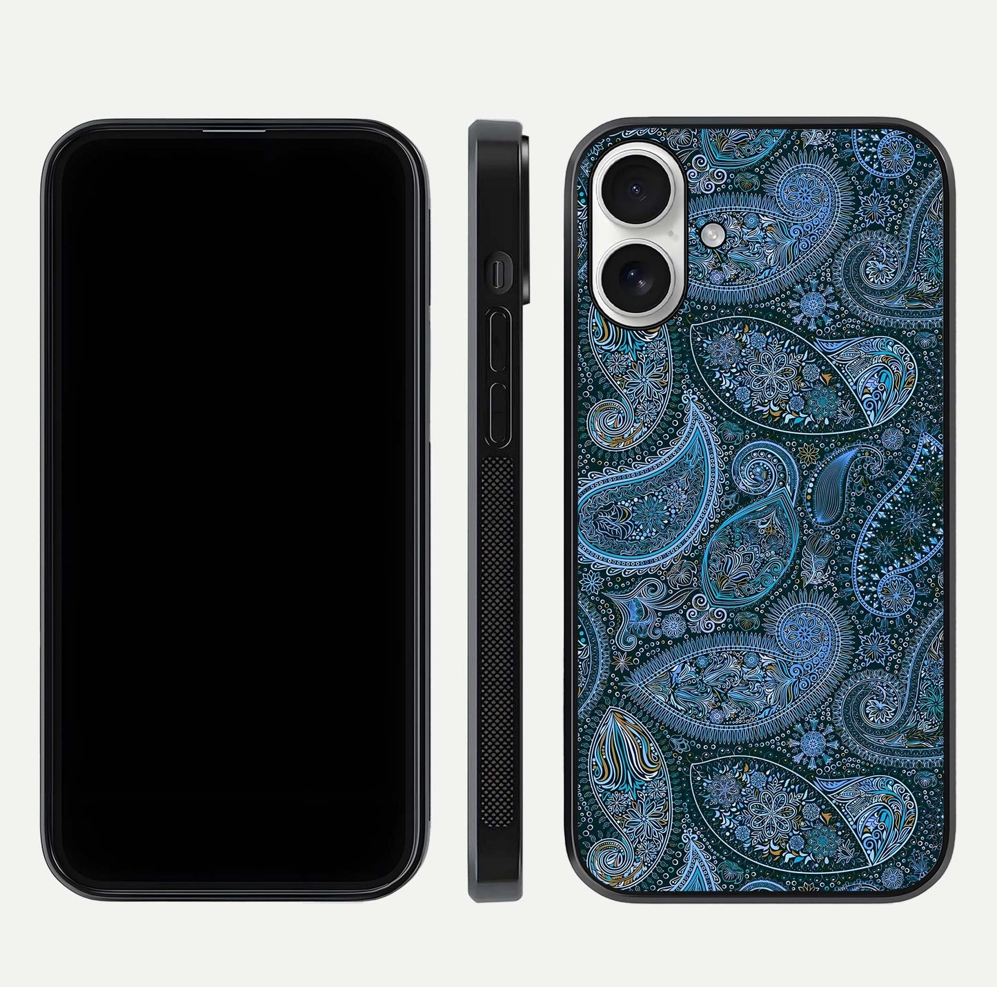 Midnight Paisley Glow Glass Case for iPhone 17 front & back layout highlighting elegant edge finish