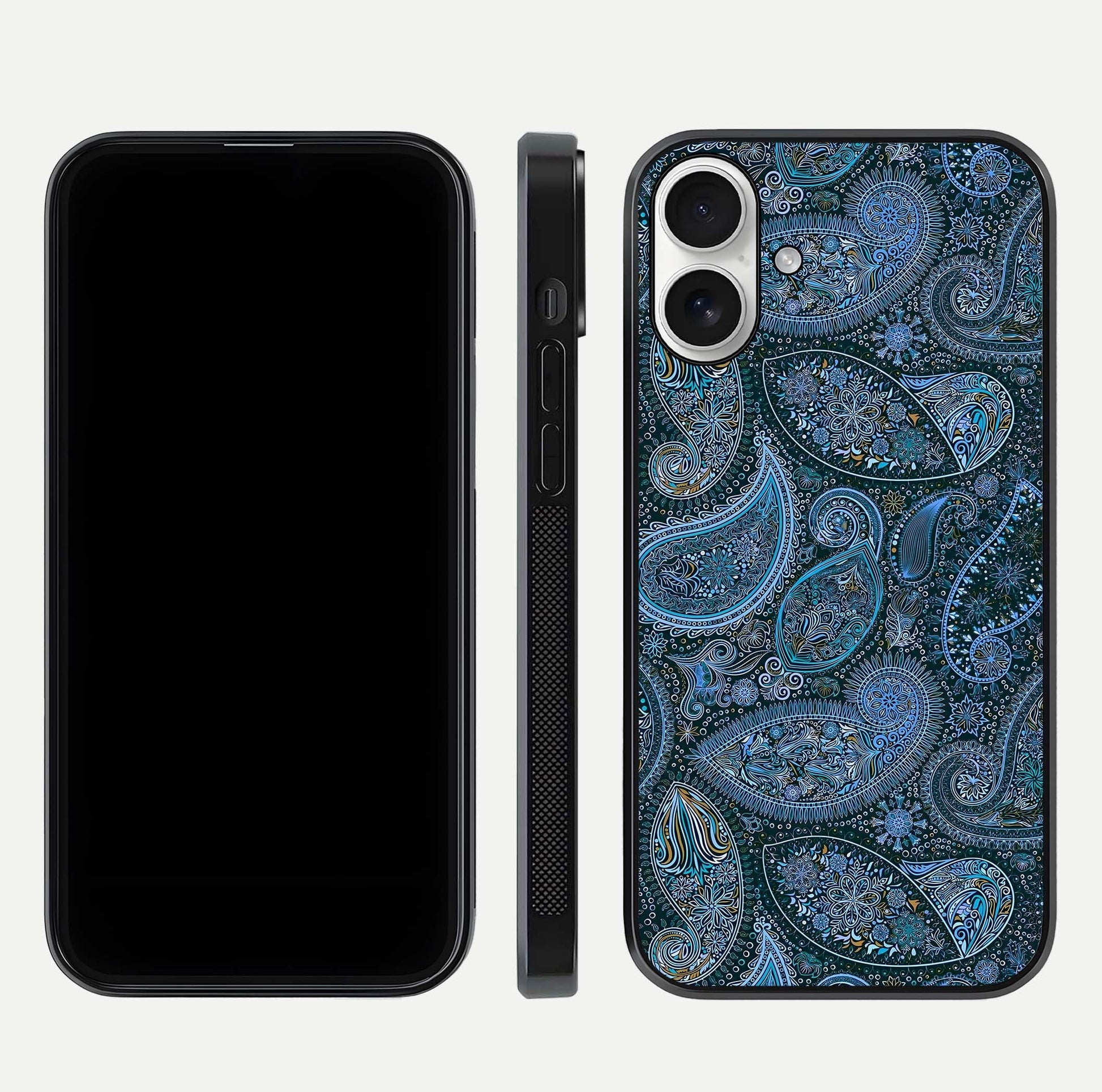 Midnight Paisley Glow Glass Case for iPhone 17 front & back layout highlighting elegant edge finish