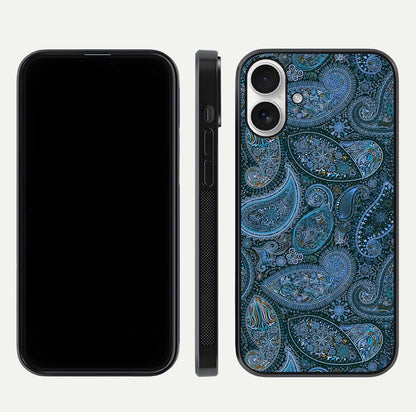 Midnight Paisley Glow Glass Case for iPhone 17 front & back layout highlighting elegant edge finish