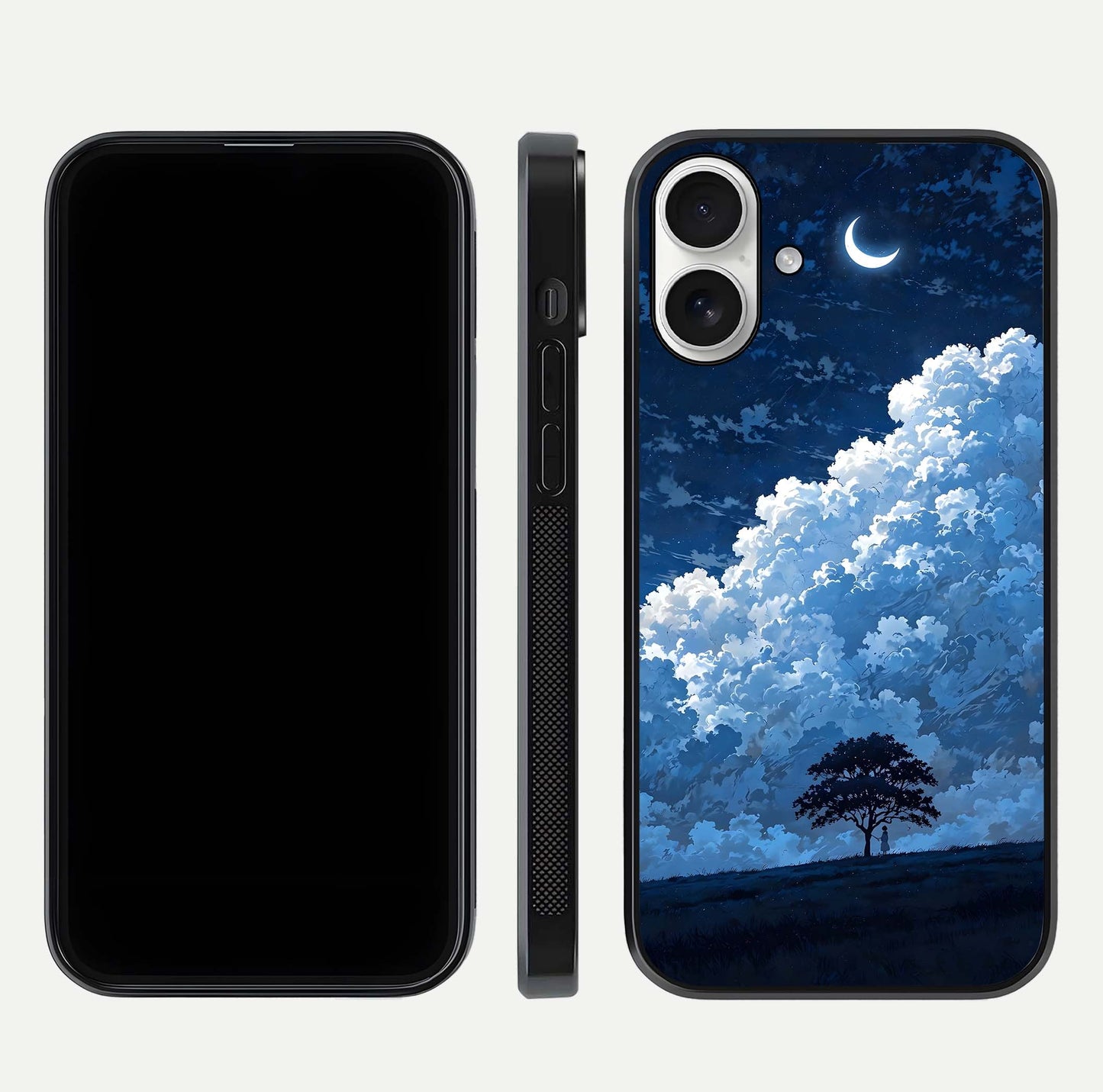 Midnight Sky Serenity Glass Case for iPhone 17 front & back layout highlighting celestial art and curves
