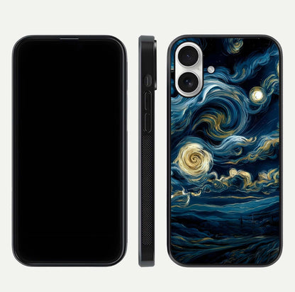 Midnight Sky Whirl Glass Case for iPhone 17 front & back layout highlighting celestial movement art